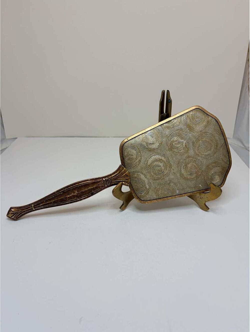 Vintage Art Deco Hand Mirror | Gold Tone Vanity Mirror with Embroidered Fabric